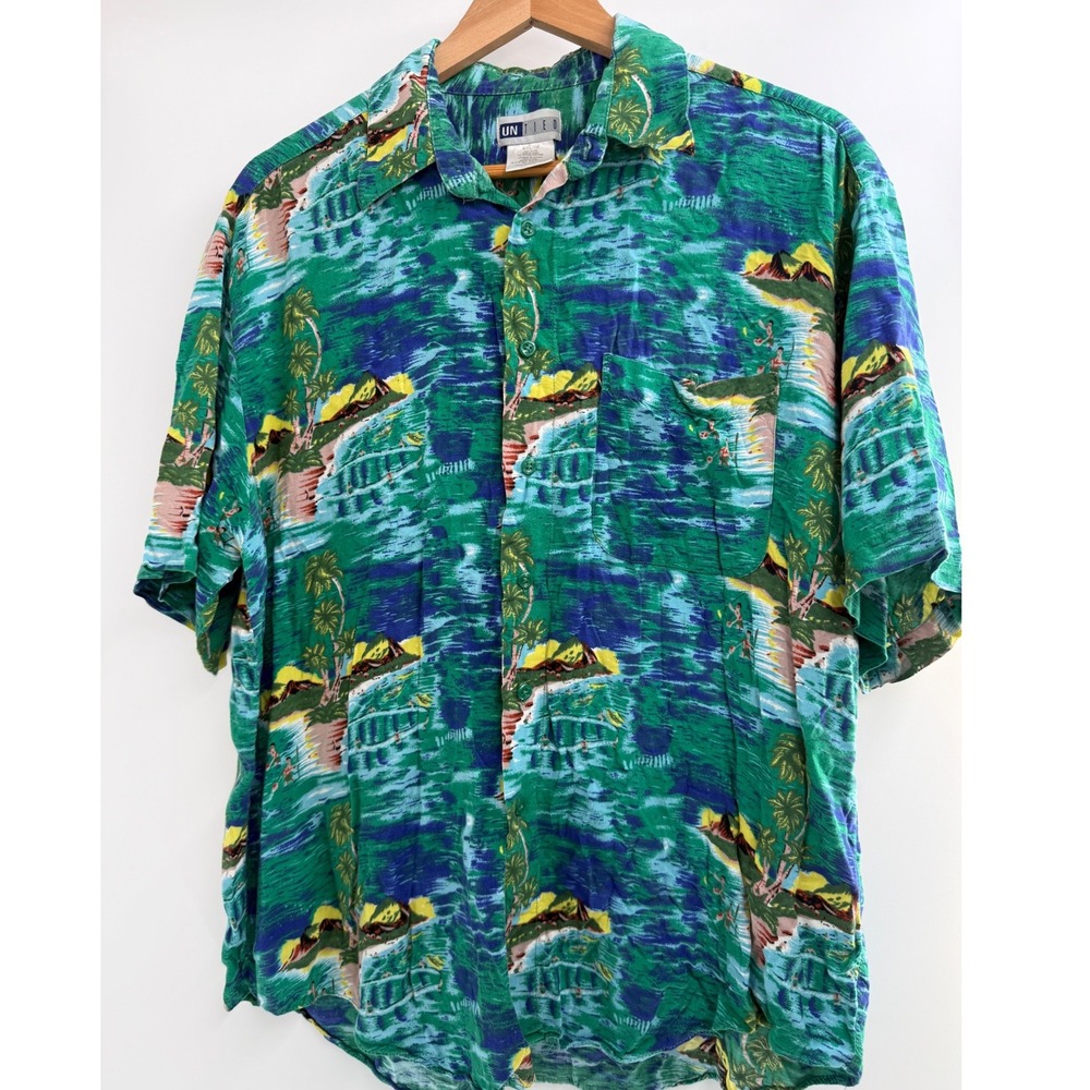 Vintage UNITED Rayon Hawaiian Shirt Blue Green Scenic Island Print Mens L